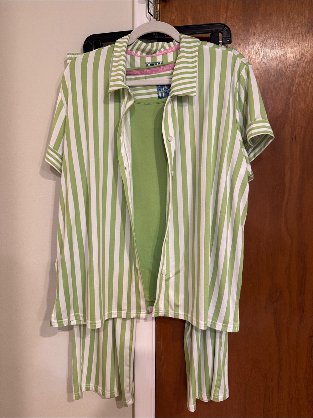 Muk Luks Green and White Striped Pajama Set